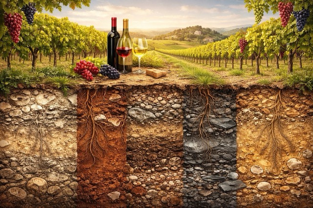 profil de sol viticole avec couches géologiques et racines de vigne s'enfonçant dans la terre