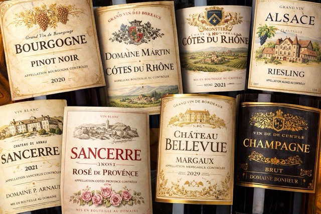 étiquette de vin détaillée montrant appellation millésime cépage et nom du domaine sur une bouteille de vin