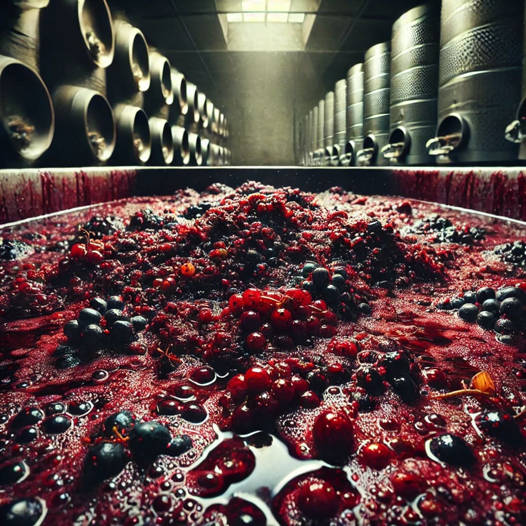 Cuve de fermentation contenant du moût de raisin rouge en macération avec peaux et marc flottant en surface