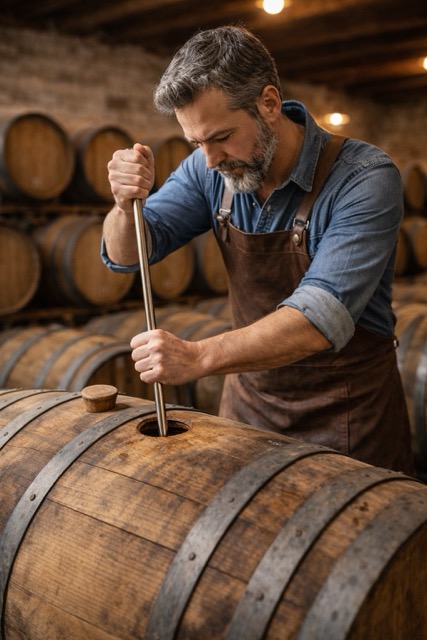 Œnologue réalisant un bâtonnage en barrique en remettant les lies fines en suspension avec un bâton en bois
