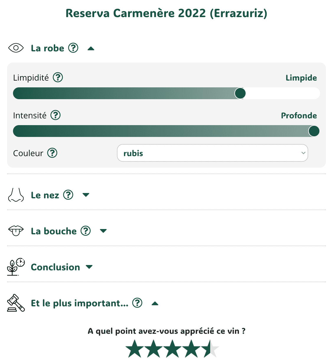 Aperçu d'une fiche de dégustation de vinee.io